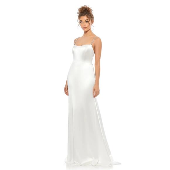 Mac Duggal 12428 White Charmeuse Rhinestone Strap Trumpet Gown 2 NEW - Picture 1 of 8